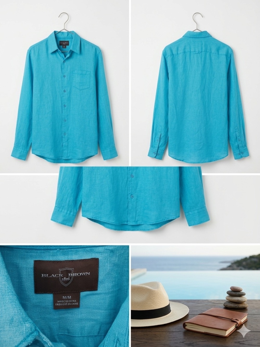 Black Brown 1826 Men's Linen Button-Up Shirt - Size M - Turquoise Blue